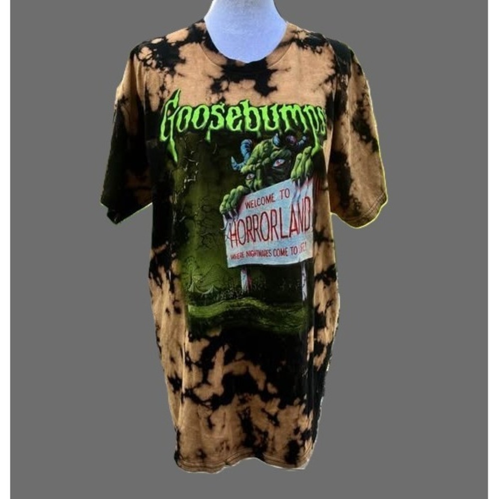 Goosebumps Horrorland Bleach Tie Dye Graphic T-Shirt Medium Black Brown Cotton‎